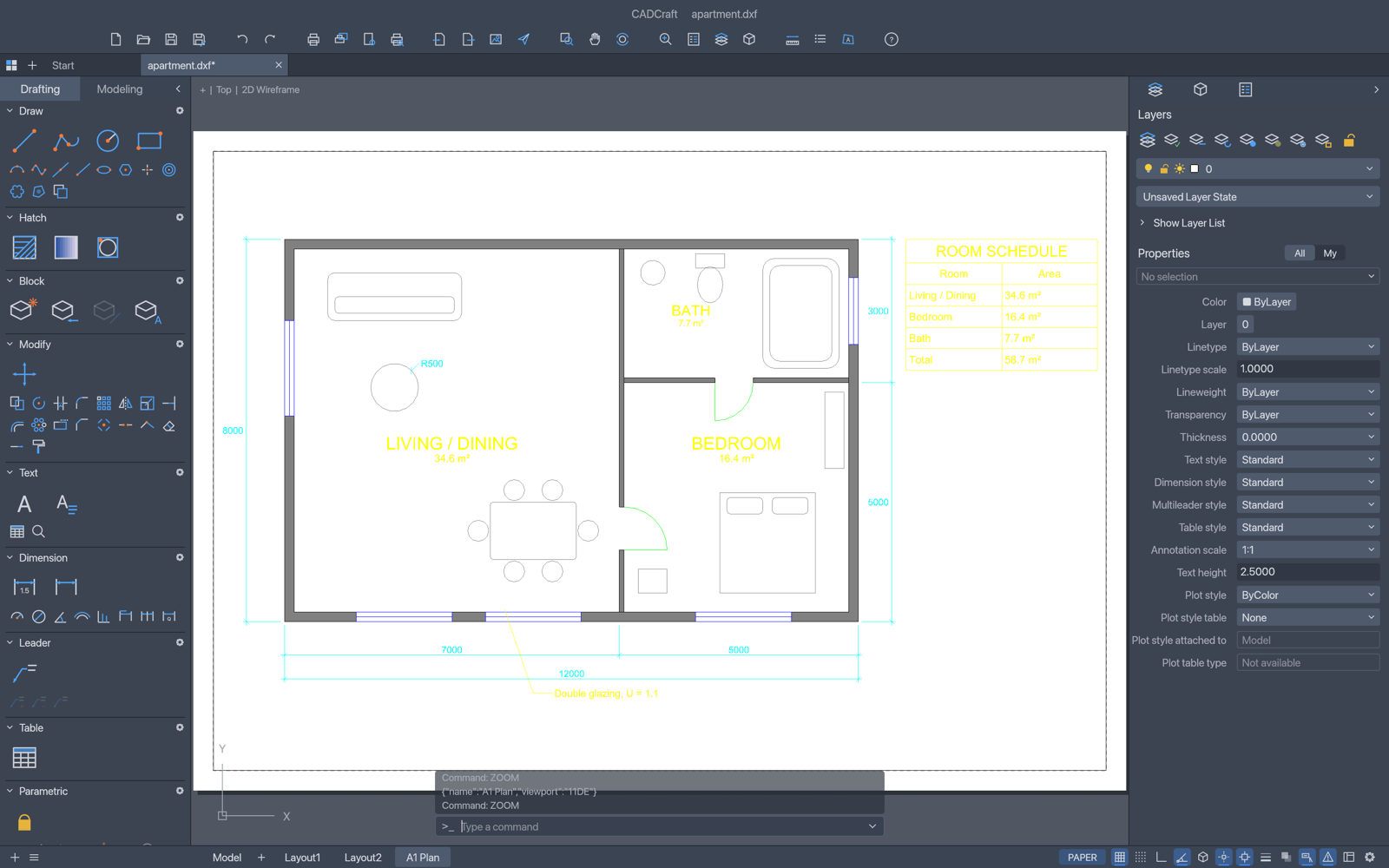 A paper-space layout in CADCraft: a white sheet with a dashed printable area and a viewport showing the apartment plan at scale, the status bar showing the A1 Plan layout tab and a PAPER toggle