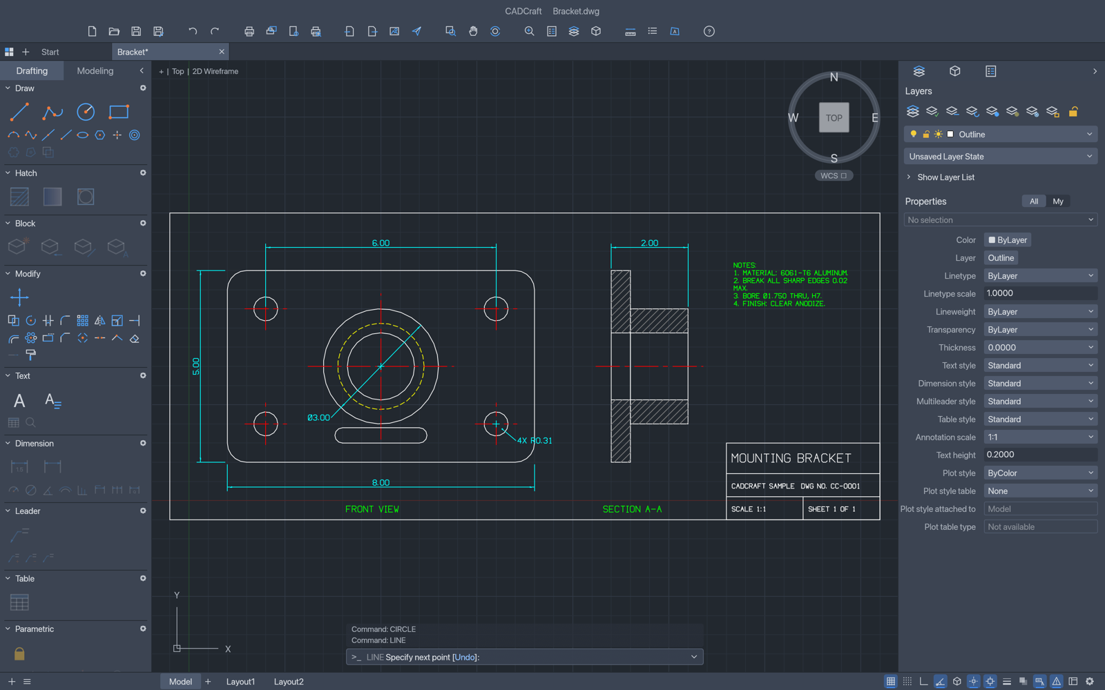 CADCraft with a mechanical drawing of a mounting bracket open: a front view with bolt holes, red centre lines, a yellow hidden circle and cyan dimensions, a hatched section view, notes and a title block; the Tool Sets palette is on the left, Layers and Properties on the right and the command line at the bottom is asking for the next point of a LINE