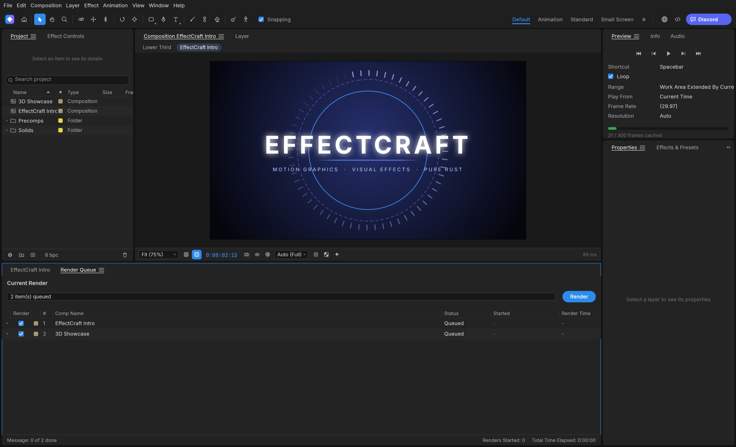 The Render Queue panel with two compositions queued