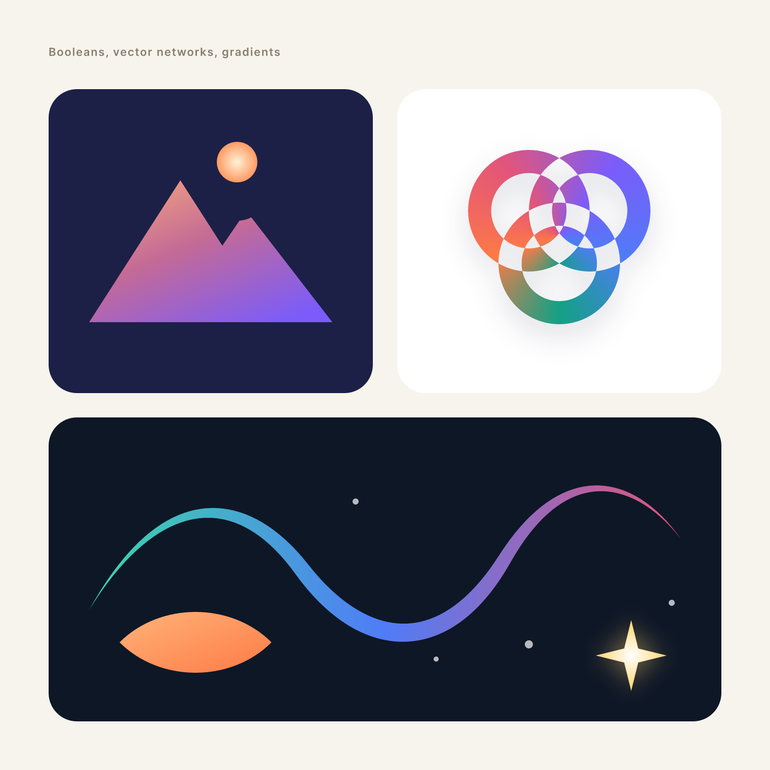 Three tiles on a cream background: a gradient mountain mark made by unioning two peaks and subtracting a sun, a knot of three excluded rings with an angular gradient, and a tapered gradient wave with a leaf and a glowing four-point star
