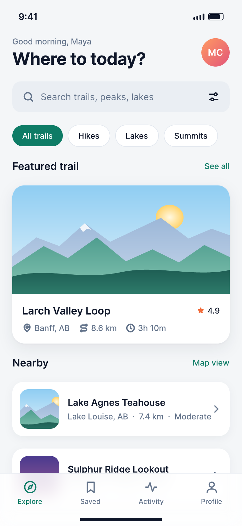 Ridgeline home screen in light mode: a greeting, a search field, filter chips, a featured trail card with an illustrated mountain landscape, a list of nearby trails and a translucent tab bar