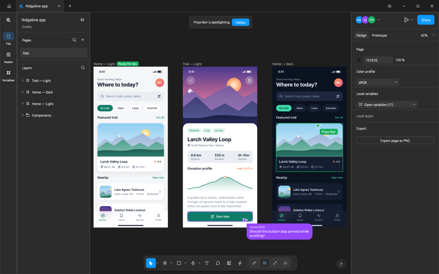 A live session seen from one participant's window: avatars of three people in the top right, a Priya Nair is spotlighting banner with a Follow button, Priya's green cursor and selection outline on the dark home screen's trail card, and Jonas Ortiz's purple cursor and selection on the Start hike button with his cursor chat bubble asking whether the button should stay pinned while scrolling