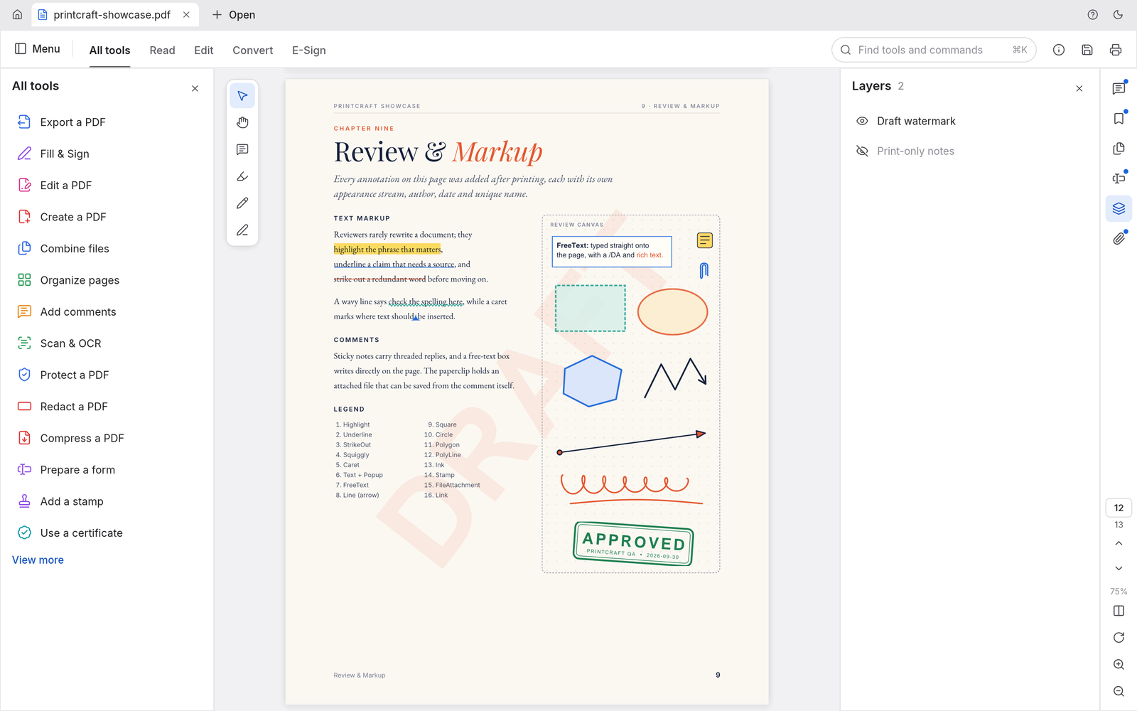 A review page with markup and a DRAFT watermark layer, and the Layers panel