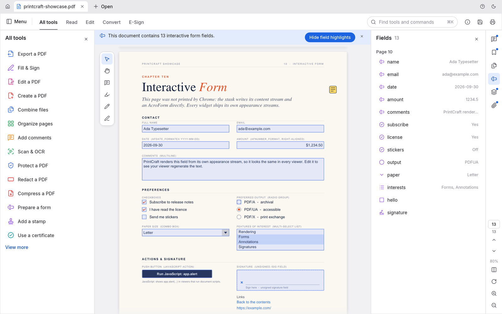 An interactive form with highlighted fields and the Fields panel listing every field and value