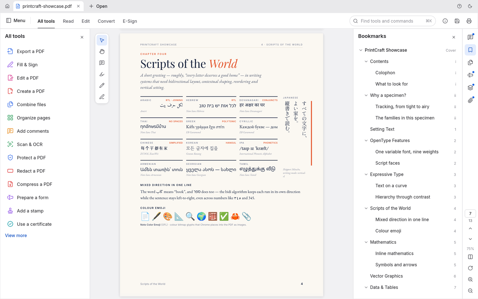 The bookmarks panel showing a nested outline next to a page of world scripts