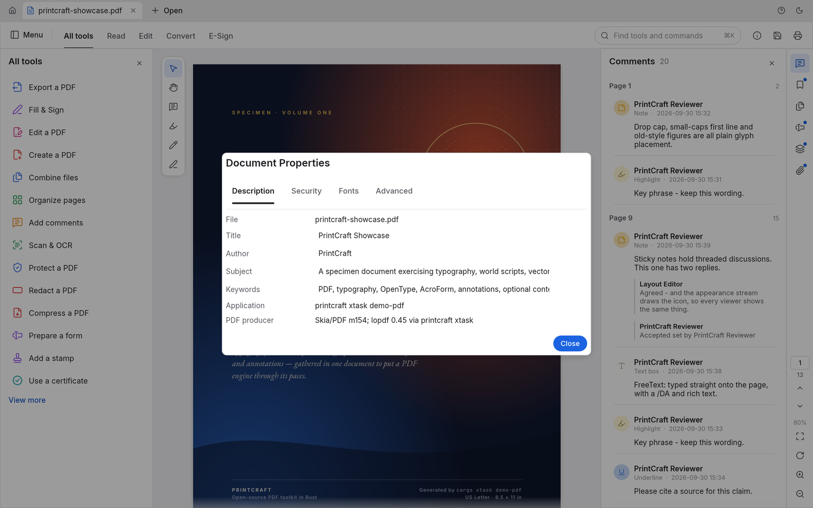 Document Properties with editable title, author, subject and keywords