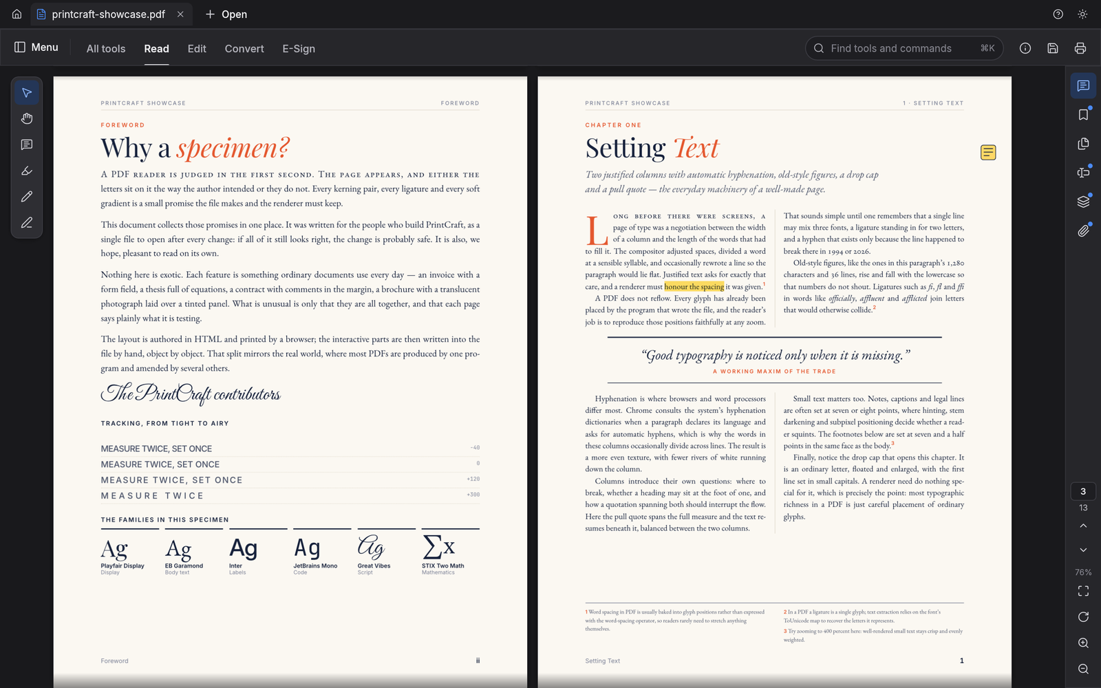 Two-up reading in Read mode with the dark theme