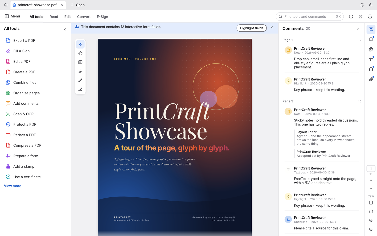 PrintCraft showing a typography showcase PDF, with the All tools panel on the left and threaded comments on the right