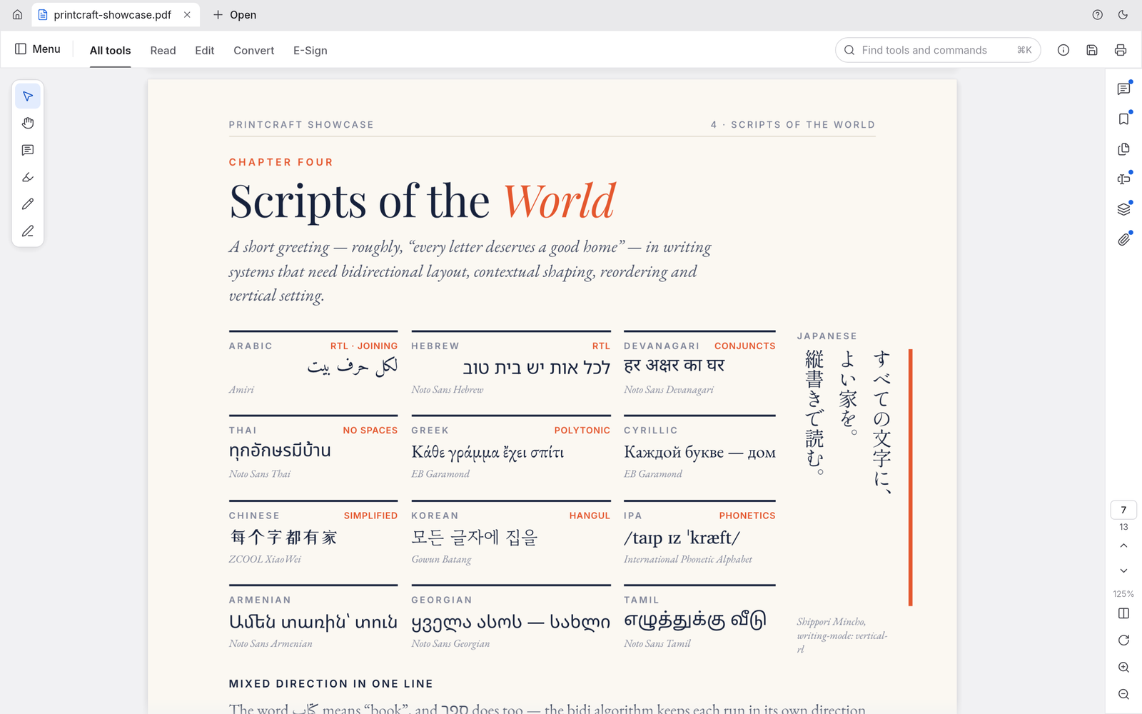 A page of world scripts — Arabic, Hebrew, Devanagari, Thai, Greek, Cyrillic, Chinese, Korean, IPA, Armenian, Georgian, Tamil and vertical Japanese — rendered crisply