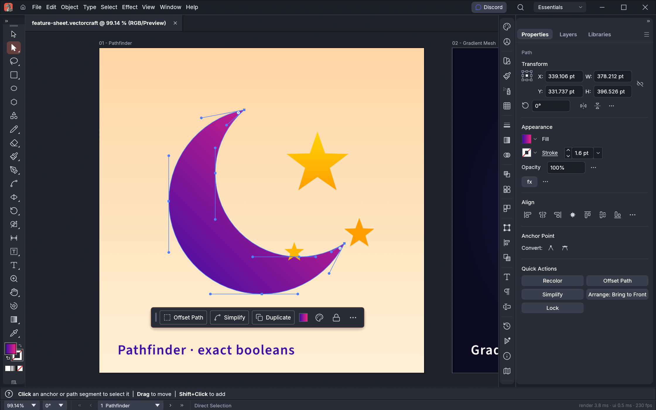Direct Selection tool showing anchor points and Bézier handles on a crescent built with Pathfinder, with the contextual task bar below it