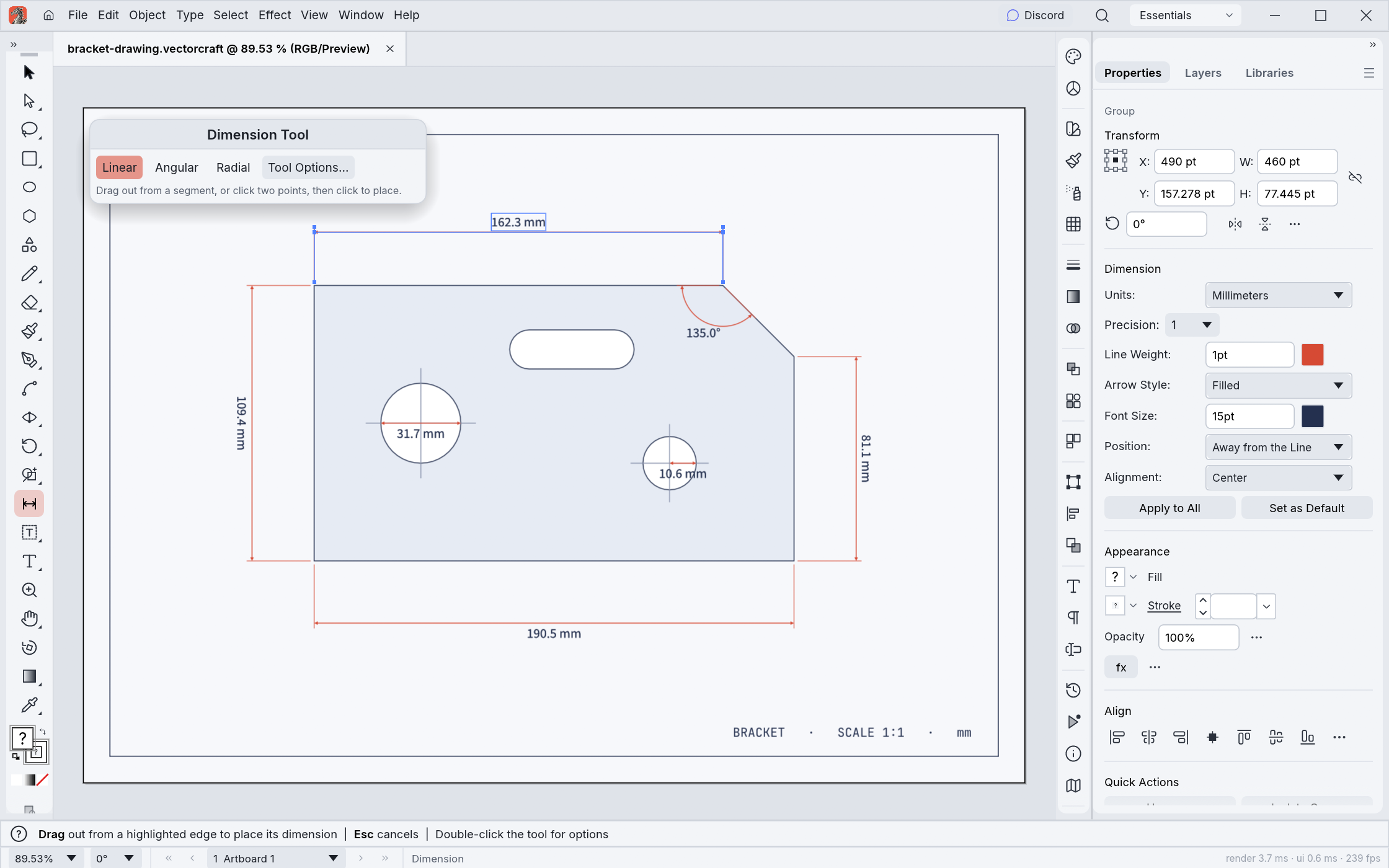 A bracket drawing in the light theme with linear, angular, diameter and radius dimensions; the Dimension tool is active and the Properties panel shows the selected dimension's units, precision and style