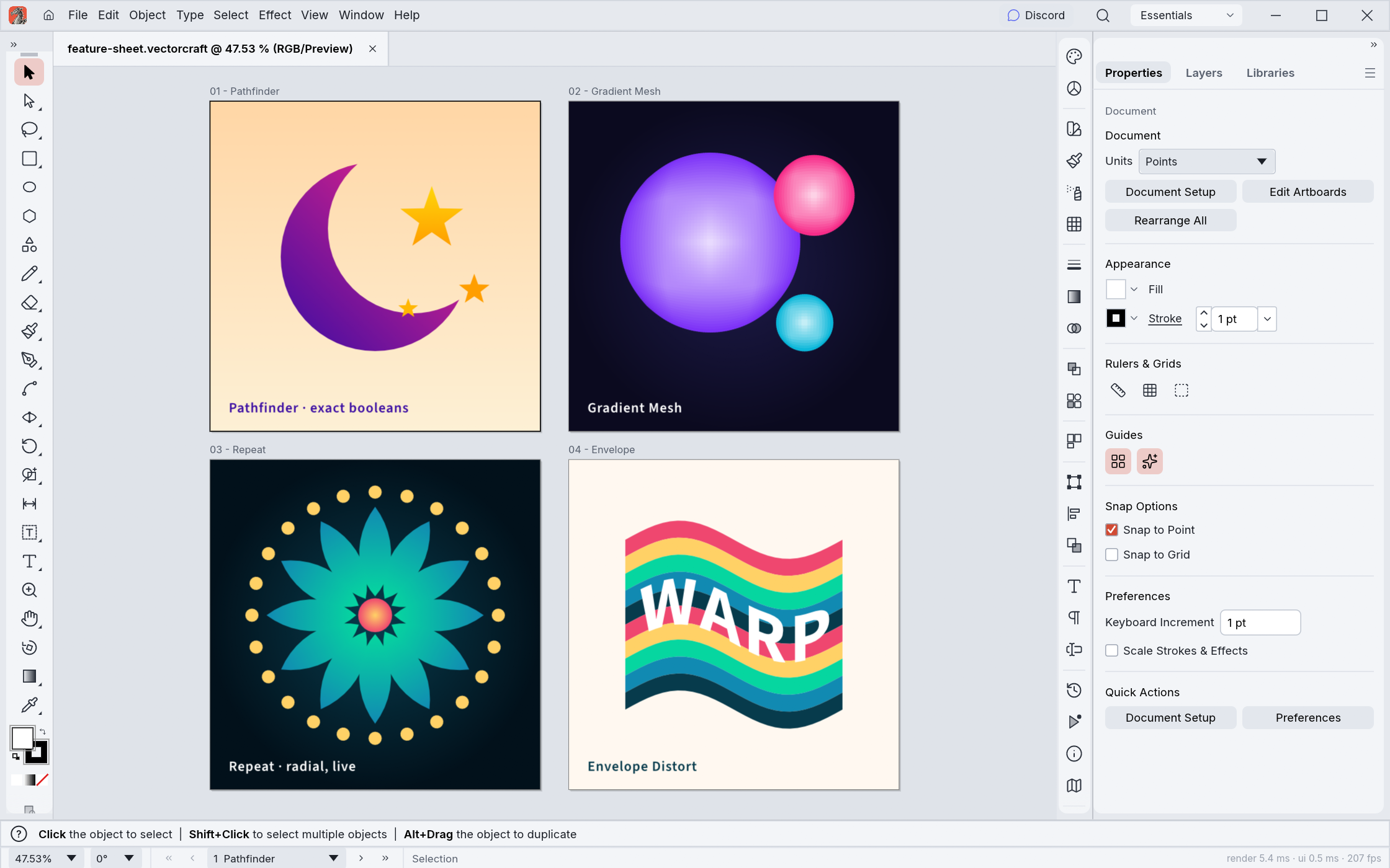 Four artboards in the light UI theme: Pathfinder, Gradient Mesh, radial Repeat and Envelope Distort