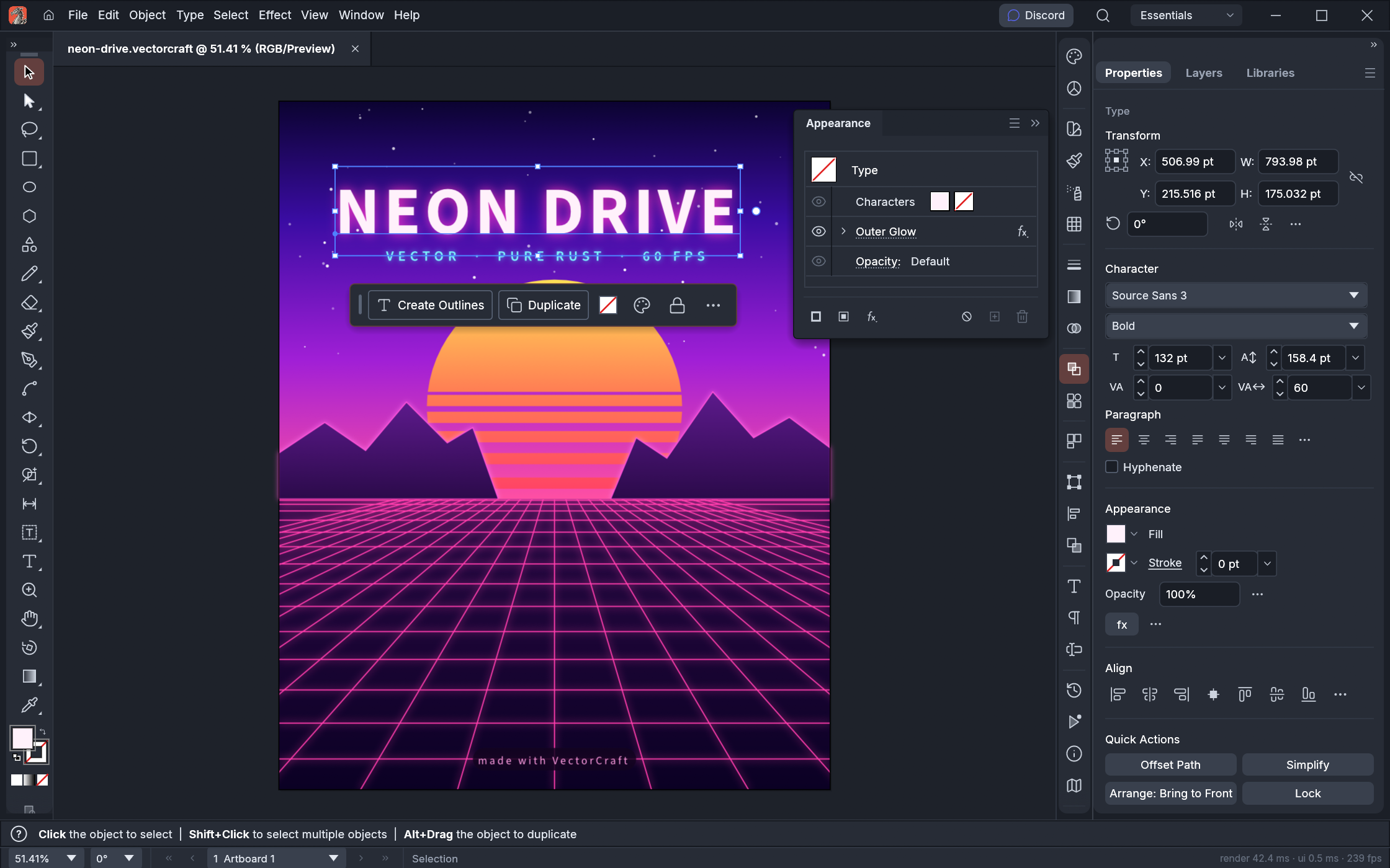 VectorCraft editing the Neon Drive poster: the title is selected, the Appearance panel shows the settings of its live Outer Glow, and the Properties panel shows its character settings