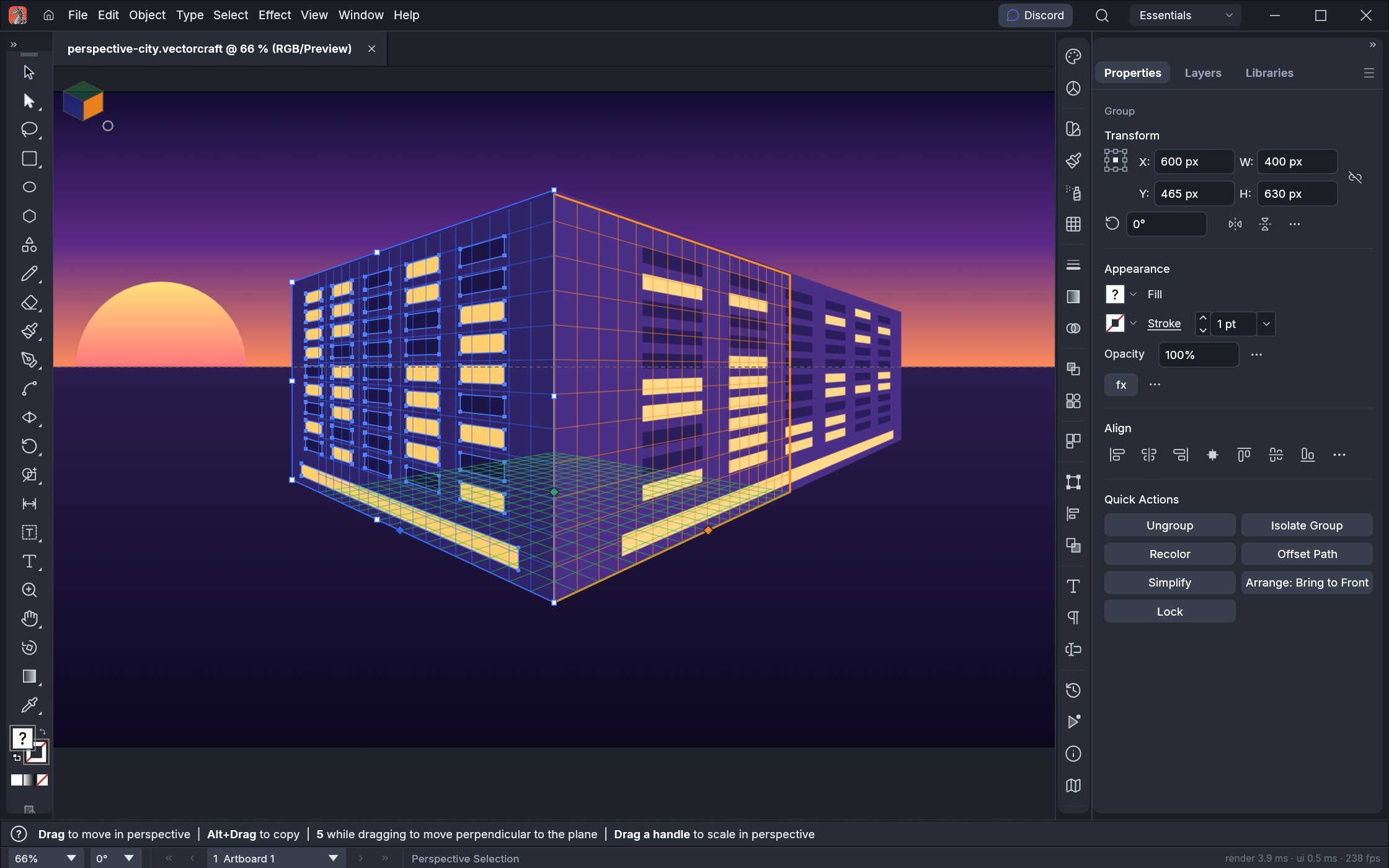 Two lit building facades drawn on the left and right planes of a two-point perspective grid at sunset, with the Perspective Selection tool and the Plane Switching Widget