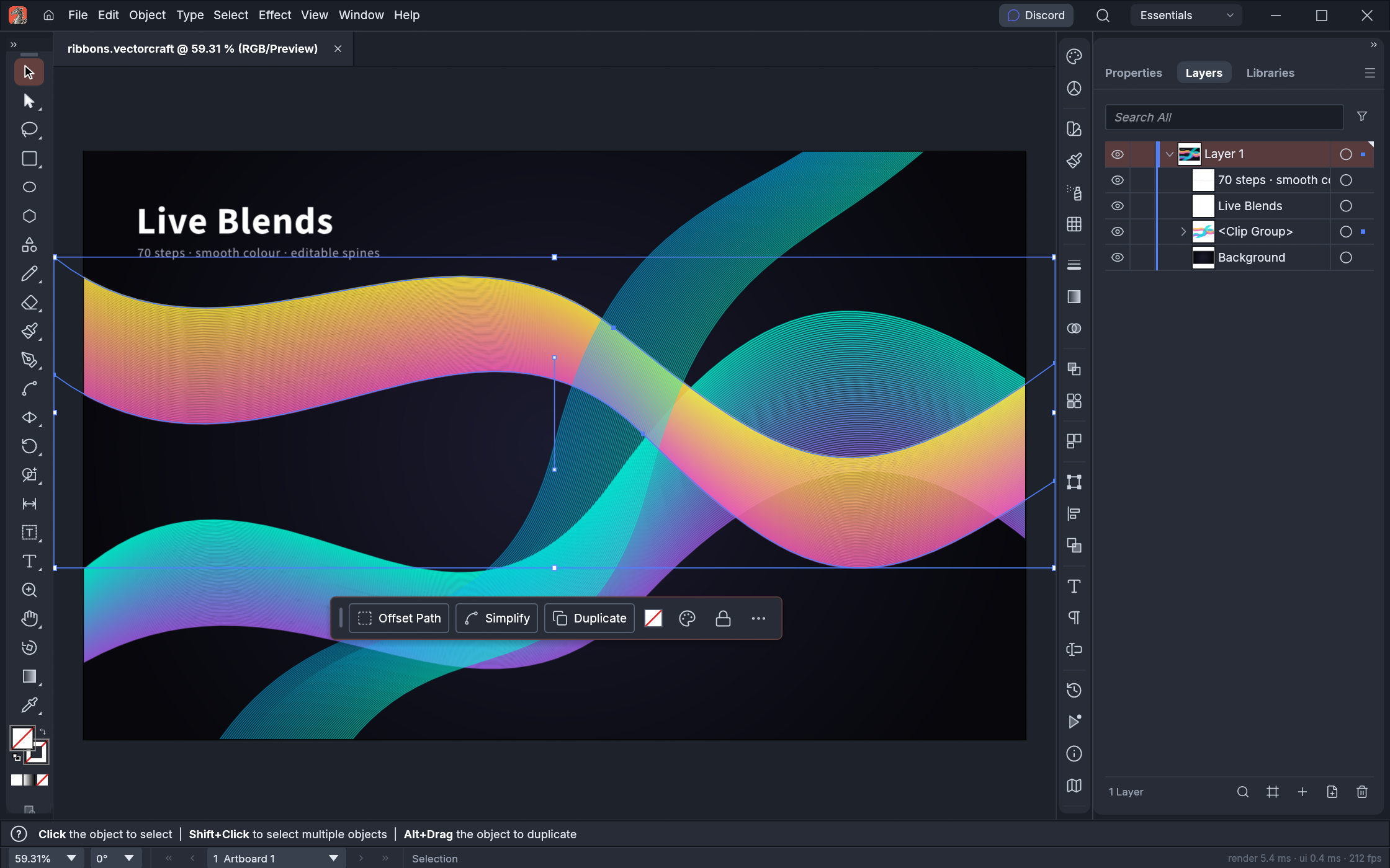 Three live blend ribbons clipped to the artboard, one selected with its key paths showing; the Layers panel lists the clip group, the blends and the selected blend's two key paths