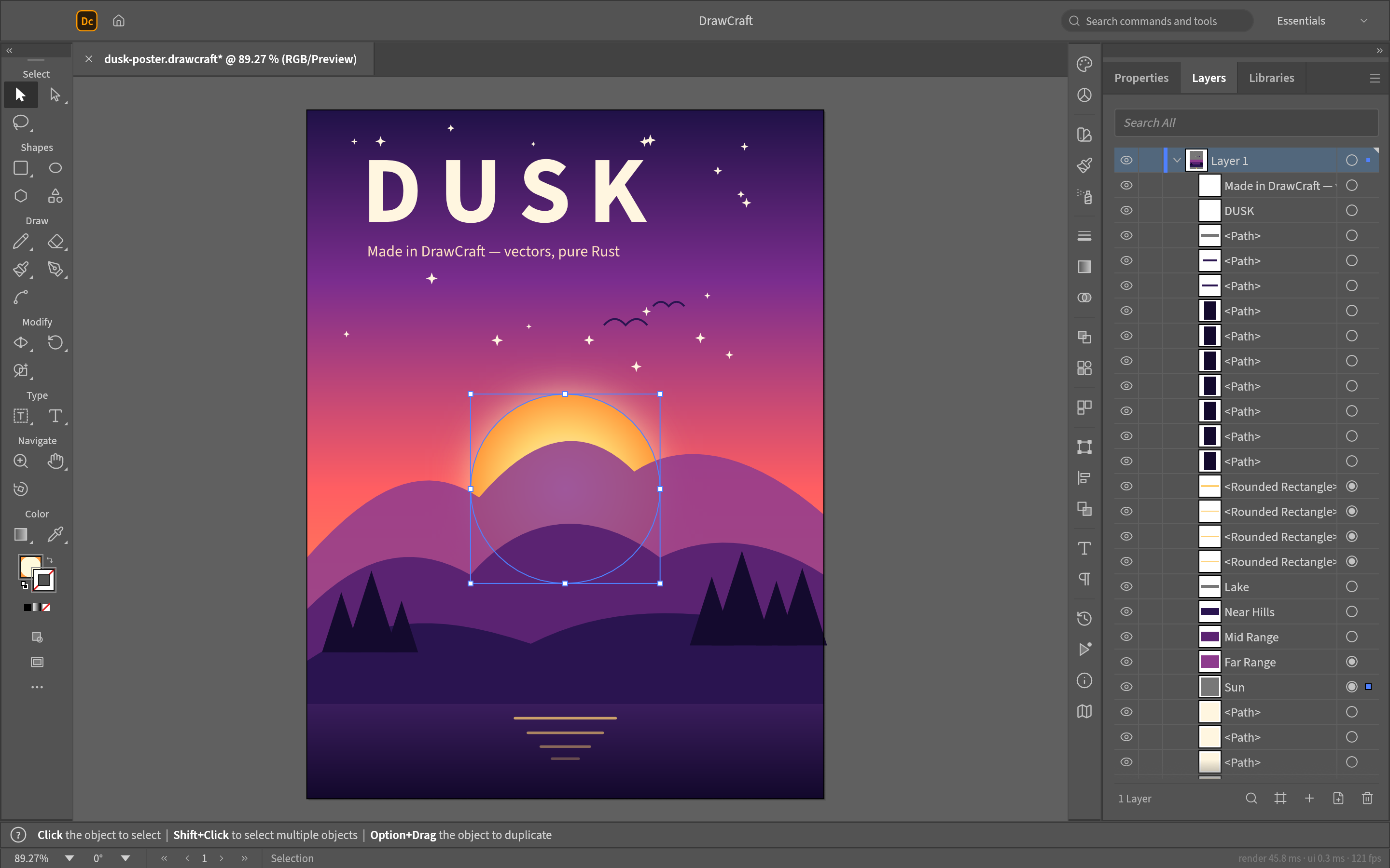 DrawCraft editing the Dusk poster example: categorized toolbar, canvas with a selected sun, and the Layers panel