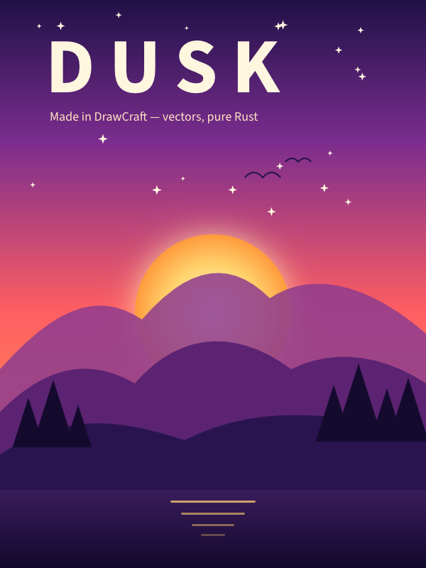 Dusk poster: gradient sky, glowing sun, layered mountains