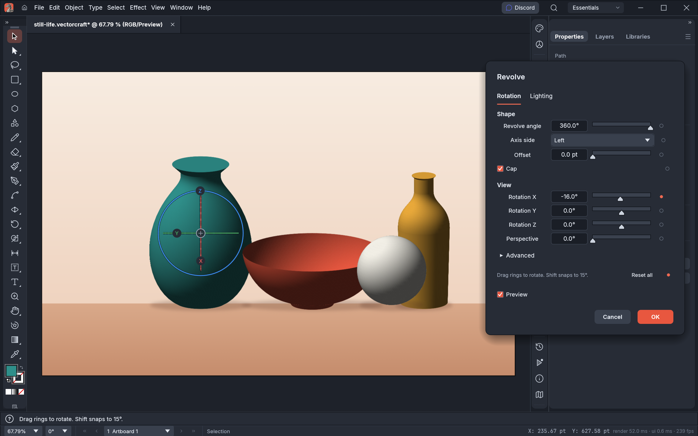 A still life of a vase, a bowl, a sphere and a bottle made with 3D Revolve; the vase is selected and the Revolve dialog shows its rotation, cap and view settings beside the rotation gizmo